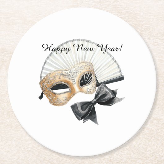 Happy New Year Gold Black Mask Ronde Kartonnen Onderzetter (Voorkant)