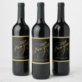 Happy New Year Gold & Black Typography Wine Label Wijn Etiket (Flessen)