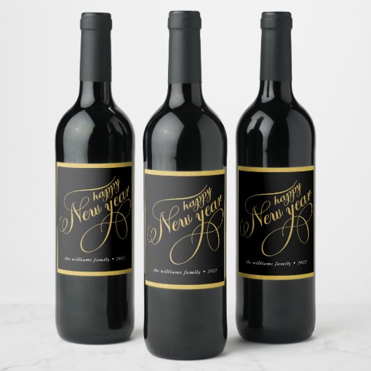Happy New Year Gold & Black Typography Wine Label Wijn Etiket (Flessen)