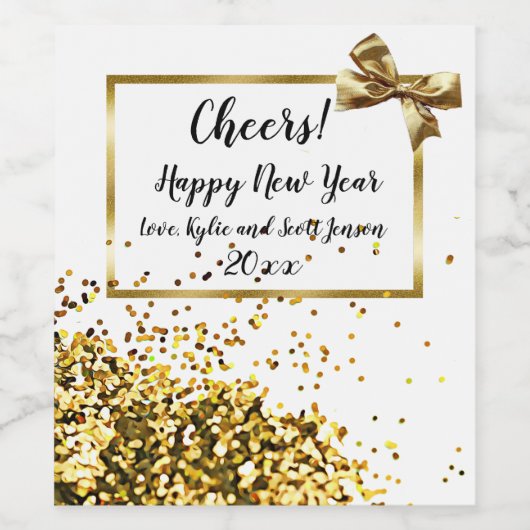 Happy New Year Gold Confetti en Bow Wijn Etiket (Enkel label)