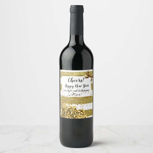 Happy New Year Gold Confetti en Bow Wijn Etiket (Voorkant)