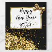 Happy New Year Gold Confetti en Bow Wijn Etiket (Enkel label)