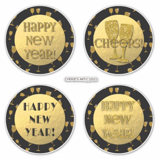 Happy New Year Gold Faux Folie en Black Sticker (Voorkant)