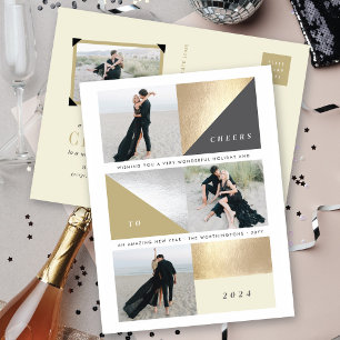 Happy New Year Gold Foil Blokken Stijlvol 3 Foto Feestdagenkaart