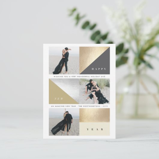 Happy New Year Gold Foil Blokken Stijlvol 3 Foto Feestdagenkaart (Staand voorkant)