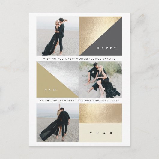 Happy New Year Gold Foil Blokken Stijlvol 3 Foto Feestdagenkaart (Voorkant)