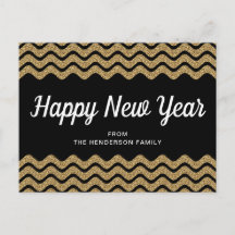 Happy New Year Gold Glitter Black Chevron Stripes