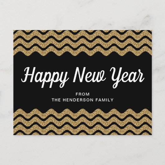 Happy New Year Gold Glitter Black Chevron Stripes Briefkaart (Voorkant)
