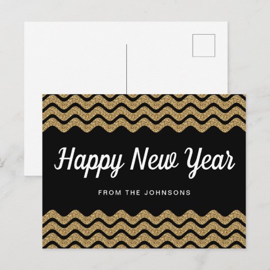 Happy New Year Gold Glitter Black Chevron Stripes Feestdagenkaart (Voorkant / Achterkant)