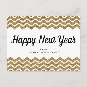 Happy New Year Gold Glitter Chevron Stripes Briefkaart