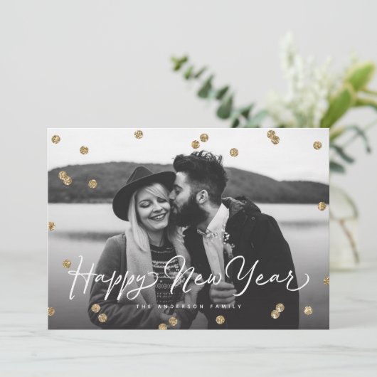 Happy New Year Gold Glitter Confetti Stippen Feestdagenkaart (Staand voorkant)