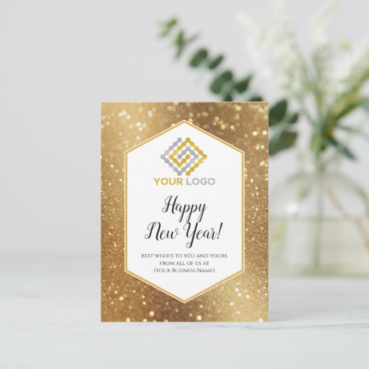 Happy New Year Gold Glitter Logo Business Postcard Briefkaart (Staand voorkant)