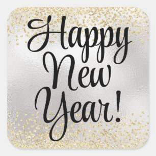 Happy New Year Gold Glitter op Metallic Silver Vierkante Sticker
