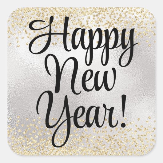 Happy New Year Gold Glitter op Metallic Silver Vierkante Sticker (Voorkant)