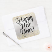 Happy New Year Gold Glitter op Metallic Silver Vierkante Sticker (Envelop)