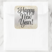 Happy New Year Gold Glitter op Metallic Silver Vierkante Sticker (Tas)