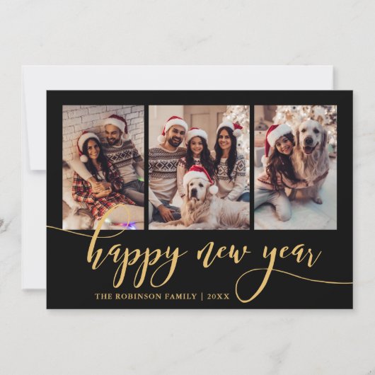 Happy New Year Gold Script 3 Photo Collage Black  Feestdagenkaart (Voorkant)