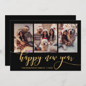 Happy New Year Gold Script 3 Photo Collage Black  Feestdagenkaart (Voorkant / Achterkant)
