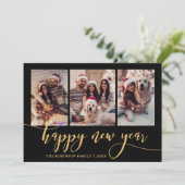 Happy New Year Gold Script 3 Photo Collage Black  Feestdagenkaart (Staand voorkant)