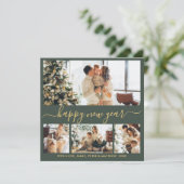 Happy New Year Gold Script 4 Photo Collage Green Feestdagenkaart (Staand voorkant)