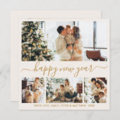 Happy New Year Gold Script 4 Photo Collage Neutral Feestdagenkaart (Voorkant / Achterkant)