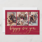 Happy New Year Gold Script Red 3 Photo Collage Feestdagenkaart (Voorkant)