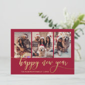 Happy New Year Gold Script Red 3 Photo Collage Feestdagenkaart (Staand voorkant)