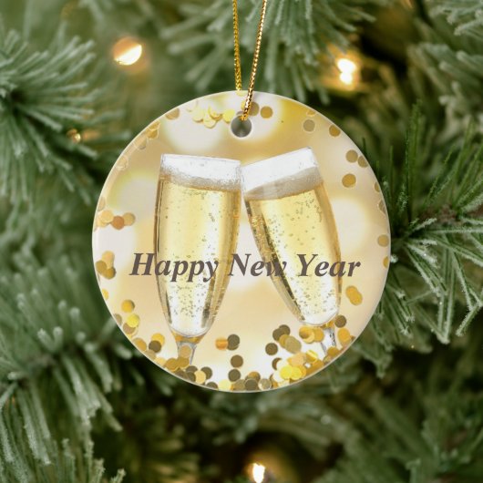 Happy New Year Gold Sparkle Champagne Keramisch Ornament (Boom)