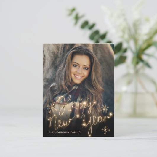Happy New Year Gold Sparkle Script Script PHOTO Gr Briefkaart (Staand voorkant)