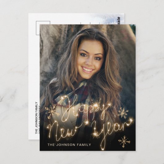 Happy New Year Gold Sparkle Script Script PHOTO Gr Briefkaart (Voorkant / Achterkant)