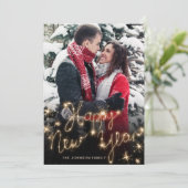 Happy New Year Gold Sparkle Script Script PHOTO Gr Feestdagenkaart (Staand voorkant)