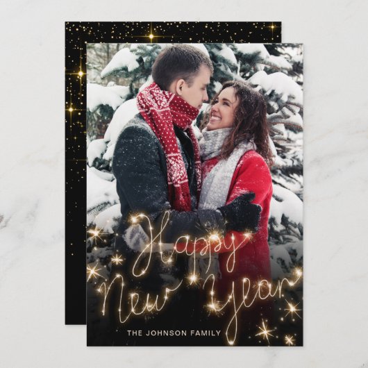 Happy New Year Gold Sparkle Script Script PHOTO Gr Feestdagenkaart (Voorkant / Achterkant)