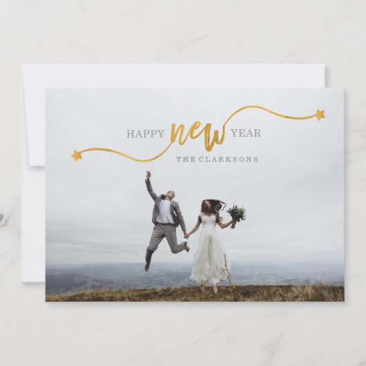 Happy New Year Gold Star-scriptfotokaart Feestdagenkaart (Voorkant)