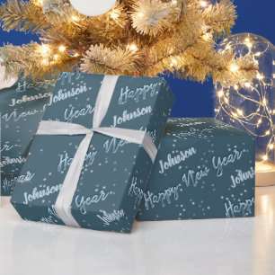 Happy New Year Golden Script Blue Celesty Grey Cadeaupapier