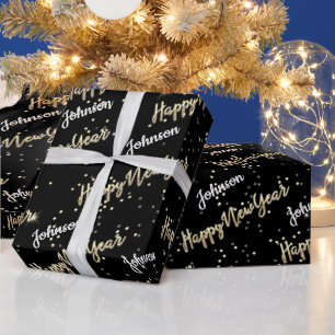 Happy New Year Golden Script Custom Name Black Cadeaupapier