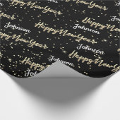 Happy New Year Golden Script Custom Name Black Cadeaupapier (Hoek)