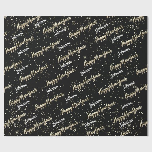 Happy New Year Golden Script Custom Name Black Cadeaupapier (Vlak)
