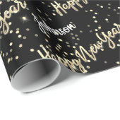 Happy New Year Golden Script Custom Name Black Cadeaupapier (Rol Hoek)
