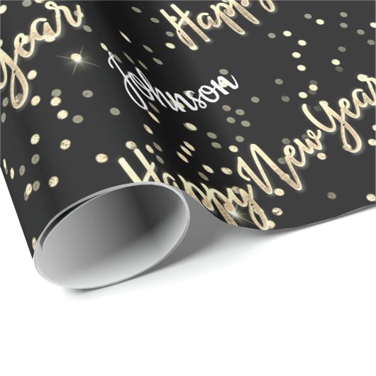 Happy New Year Golden Script Custom Name Black Cadeaupapier (Rol Hoek)