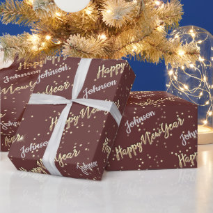 Happy New Year Golden Script Custom Name Brown Cadeaupapier