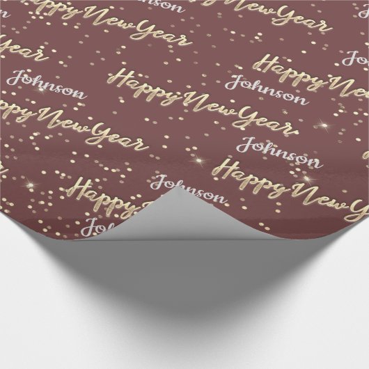 Happy New Year Golden Script Custom Name Brown Cadeaupapier (Hoek)