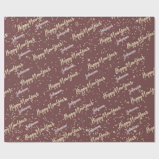 Happy New Year Golden Script Custom Name Brown Cadeaupapier (Vlak)