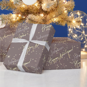 Happy New Year Golden Script Custom Name Brown Cadeaupapier