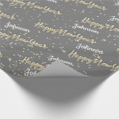 Happy New Year Golden Script Custom Name Grey Cadeaupapier (Hoek)