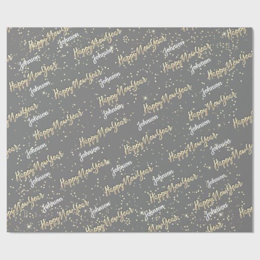 Happy New Year Golden Script Custom Name Grey Cadeaupapier (Vlak)