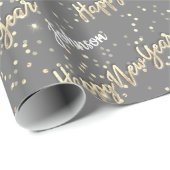 Happy New Year Golden Script Custom Name Grey Cadeaupapier (Rol Hoek)