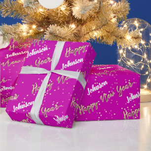 Happy New Year Golden Script Custom Name Roze Cadeaupapier