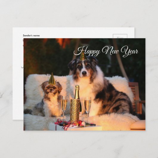 Happy New Year grappige honden met feestelijk pet Briefkaart (Voorkant / Achterkant)
