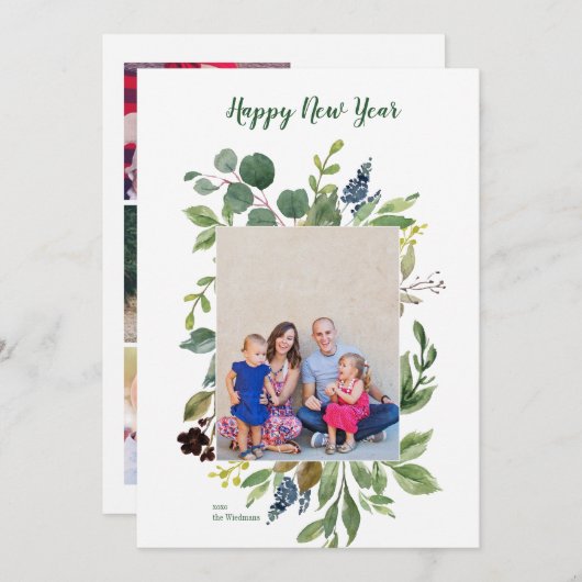 Happy New Year Greenery Modern Holiday Kaarten (Voorkant / Achterkant)