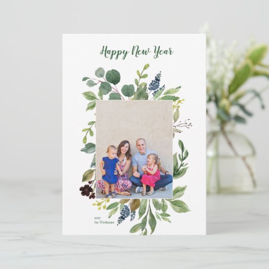 Happy New Year Greenery Modern Holiday Kaarten (Staand voorkant)
